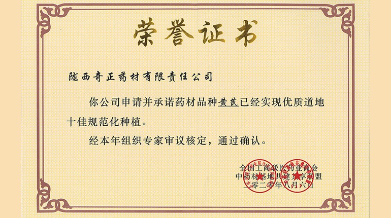 黄芪十佳规范化种植证书